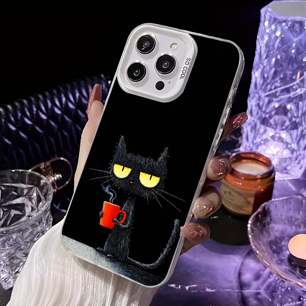 Cute Coffee Cat White Translucent Mobile Phone Case for iPhone 17 16 15 14 13 12 11 X XR XS Air Pro Max Plus Colorful Cover