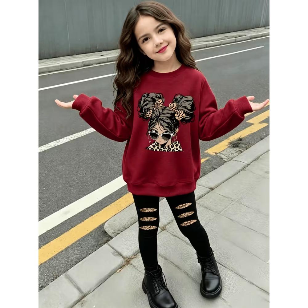 Girls' Leopard Mouse Casual Comfortable Soft Loose Pullover Sweatshirt and Leggings 2-Piece Set, New Autumn/Winter, Playful, Sweet and Cool Style