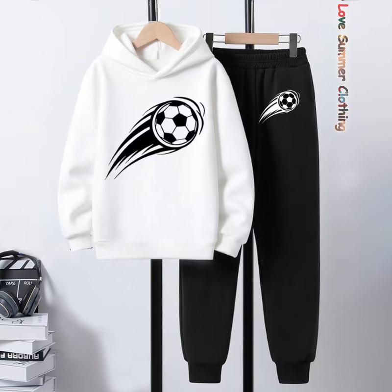 Ensemble sweat à capuche et jogging pour garçons sur le thème du football, imprimé ballon de foot, vêtements de sport à action dynamique pour jouer, tenues d'hiver pour l'entraînement de football