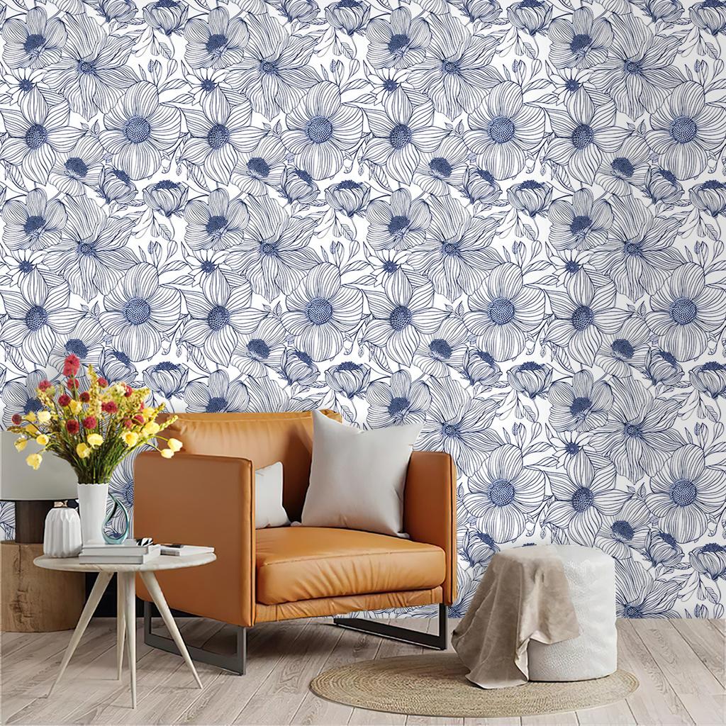 Floral Peel and Stick Wallpaper Blue White Boho Contact Paper for Bedroom Bathroom Removable Self Adhesive Wallpaper Rolls
