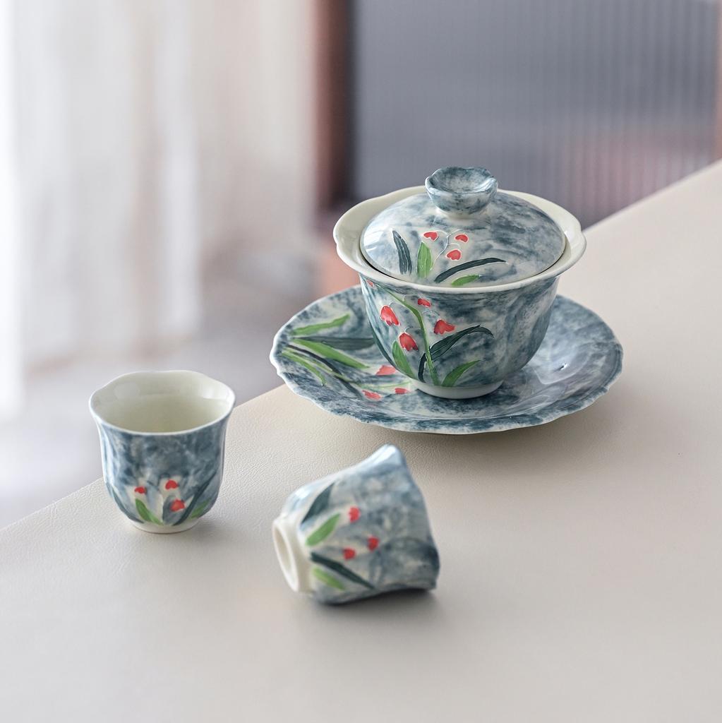 Guochao Hand-Painted Orchid Cover Bowl Two Cup Set Portable Cloth Bag Outdoor Tea Drinking High Value Light Luxury Travel Tea Set