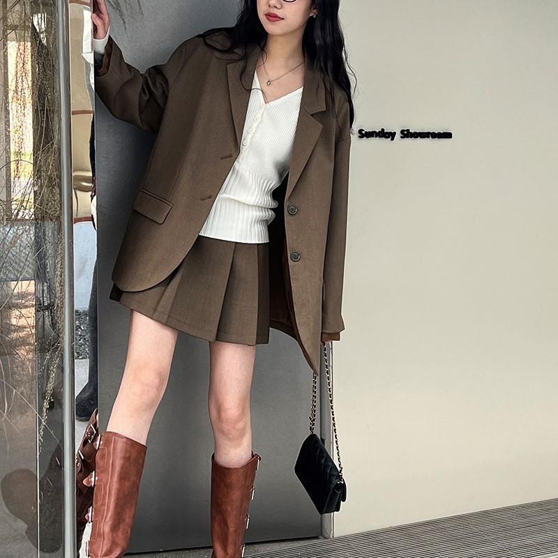 Johnature Korean Casual Suit Two-piece Women Sets Autumn Patchwork Blazer Pleated Skirt Fashion Women Sets