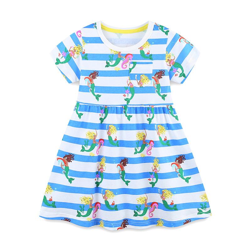 Summer New Arrival Girls  Dress Striped Print Children s Princess Dress Knitted Cotton Crew Neck Short Sleeve Children s Dress 2Y(90cm)