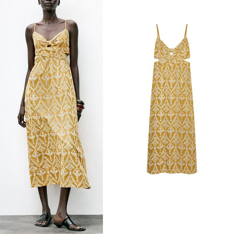 Summer New Women clothes Pleat Decoration V-neck Embroidery Fashion Print Sleeveless Midi Dress 8351028