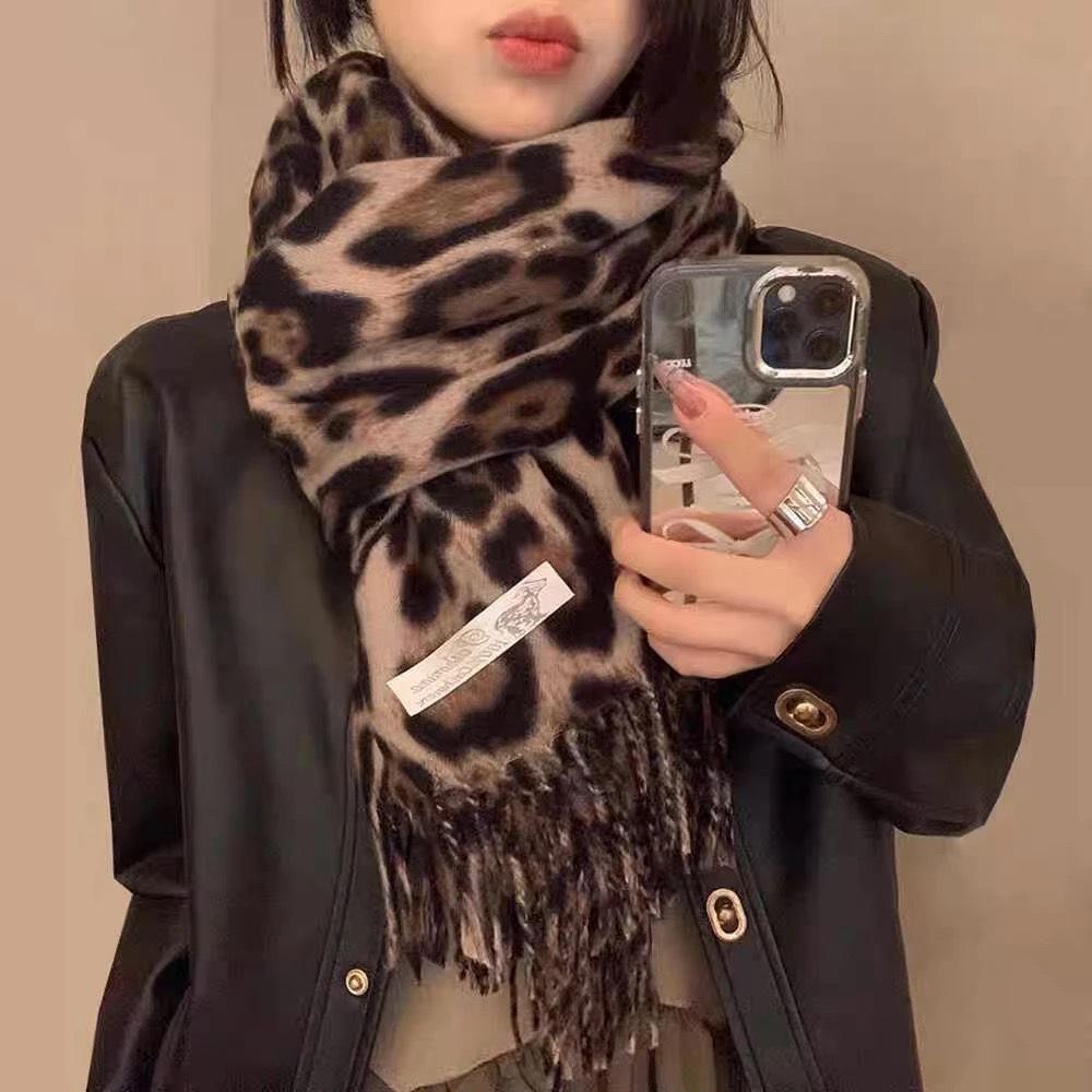 Damen Schal im koreanischen Stil mit Leopardenmuster und Quasten - Klassisch, vielseitig, warmer Herbst-/Winter-Schal
