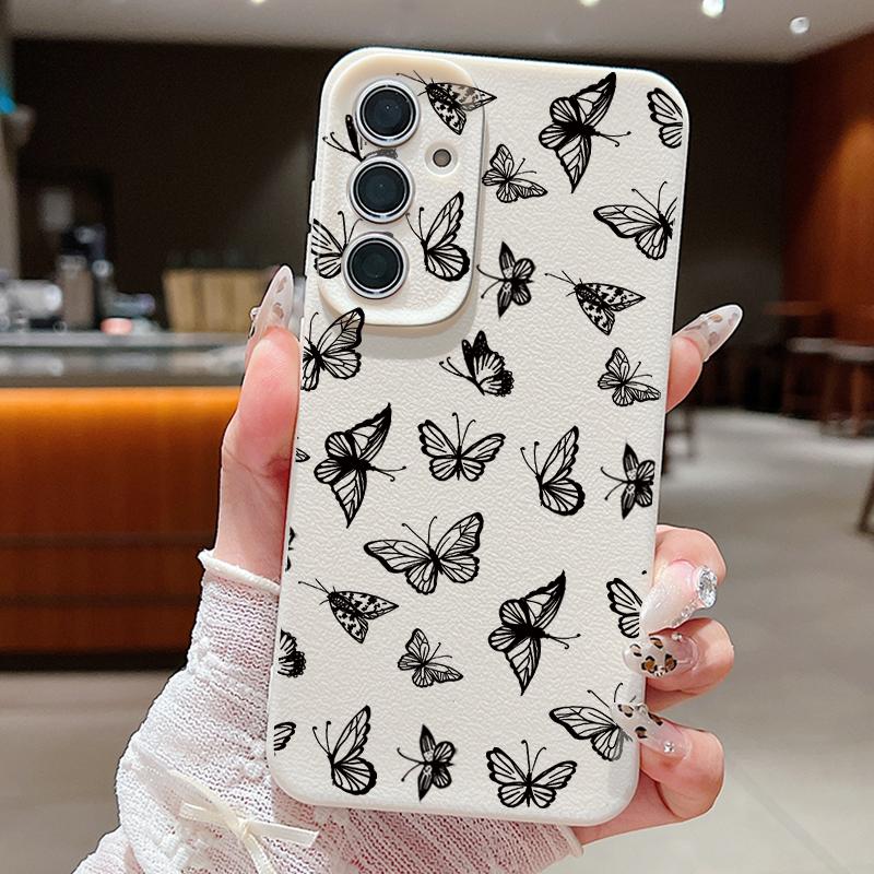 

Матовый тонкий противоударный чехол с принтом бабочки для Samsung S25 Ultra S24 FE S23 S22 A36 A56 A16 A55 A26 A15 A35 с текстурой кожи и мягкой задней крышкой из ТПУ Samsung A56 бежевый/белый