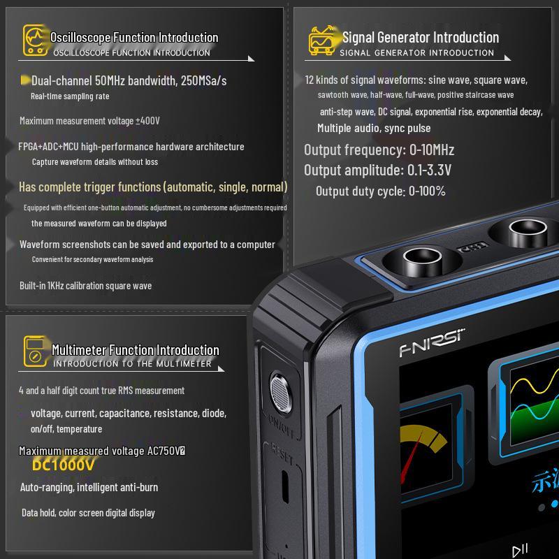 FNIRSI-2C53P: Dual-Channel Digital Oscilloscope, 4.5-Digit Multimeter & Signal Generator 3-in-1
