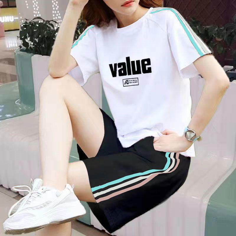 Women's Korean-Style Summer White Loose Plus Size Short Sleeve T-Shirt & Shorts Set