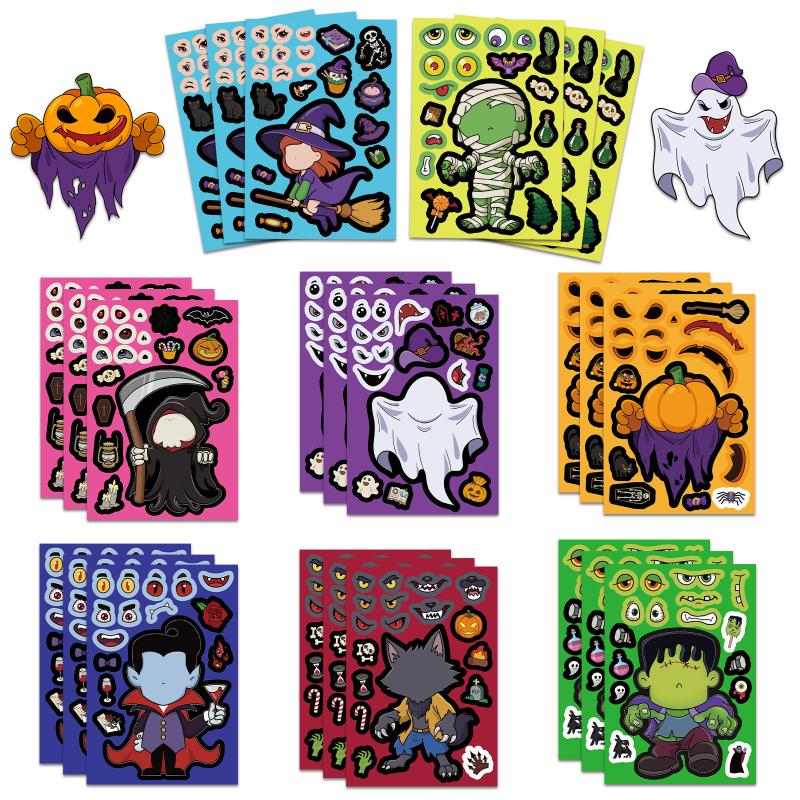 

New 8 Sheets DIY Pumpkin Ghost Assemble Jigsaw Educational Game Make A Face Puzzle PVC Sticker Kids Party Favors Gift Toy
