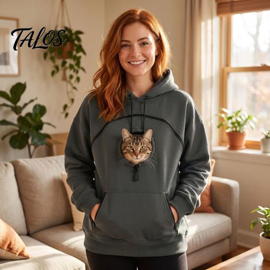 Oversized Women Hoodie Pet Pouch with Head Hole, Hooded Sweatshirt Casual Loose Fit Zipper Pockets, Dog Cat Carrying Pullover Top for Fall Winter Lady