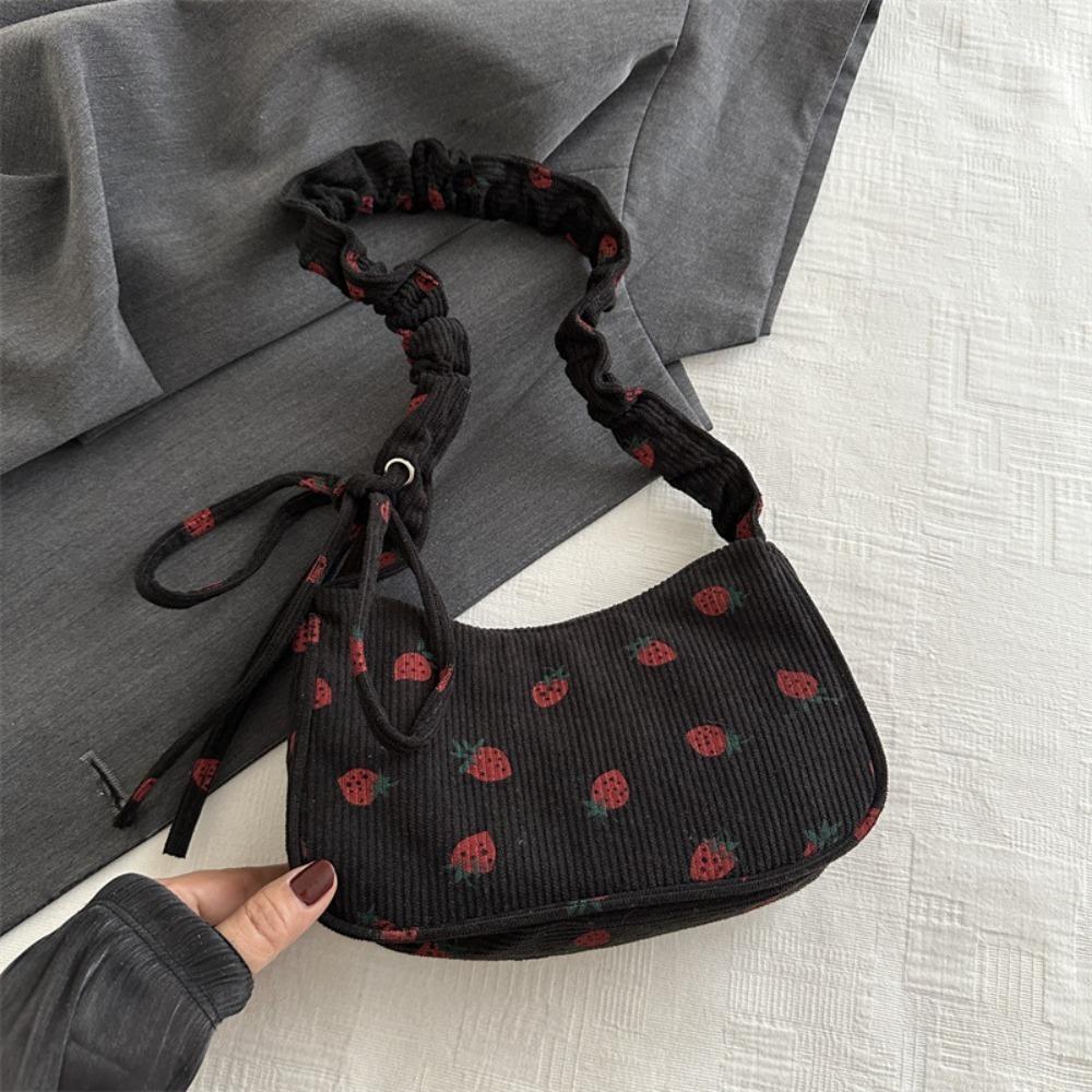 

New Sweet Corduroy Tote Bag Trendy Large Capacity Zipper Underarm Bag Gentle Women Girl Y2k Strawberry Shoulder Bag чёрный