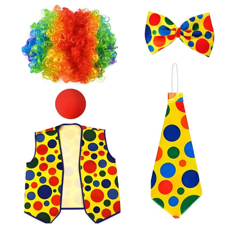 Komplettes Clown-Performance-Outfit Regenbogen-Perücke Fliege mit Accessoires für Themenveranstaltung und Rollenspiel Cosplay Kostüm