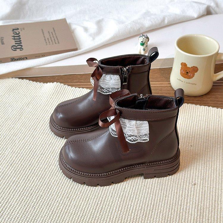 Korean version of girls' velvet short boots 2025 autumn and winter new girls' retro bow princess boots warm Martin boots