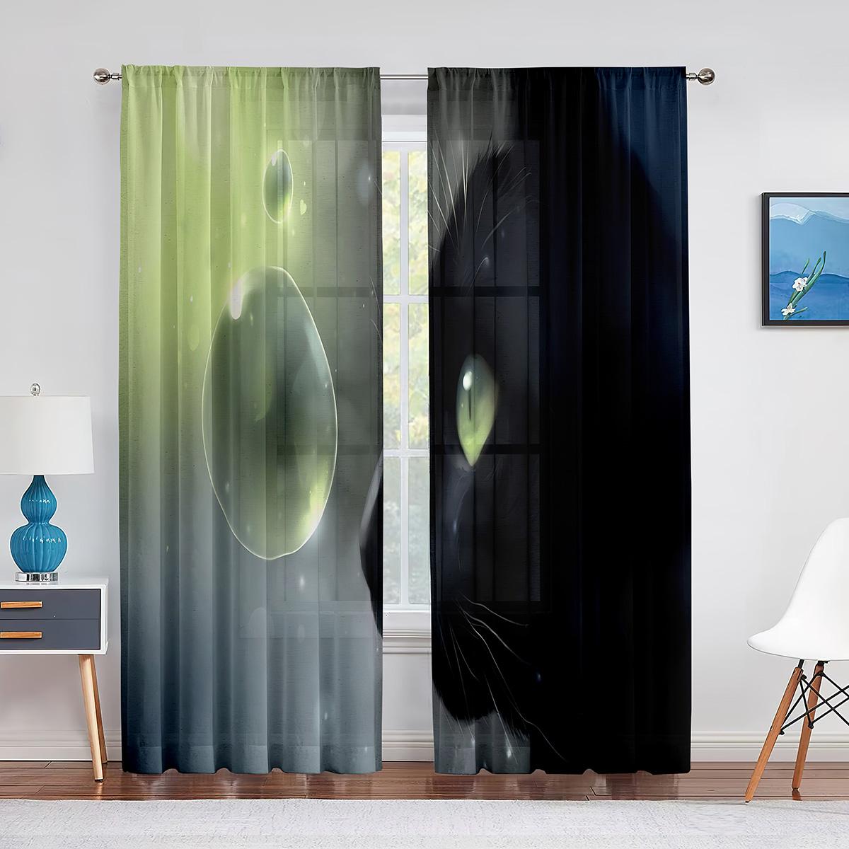 Прозрачные шторы с милым котом в стиле фэнтези для гостиной — фото 8