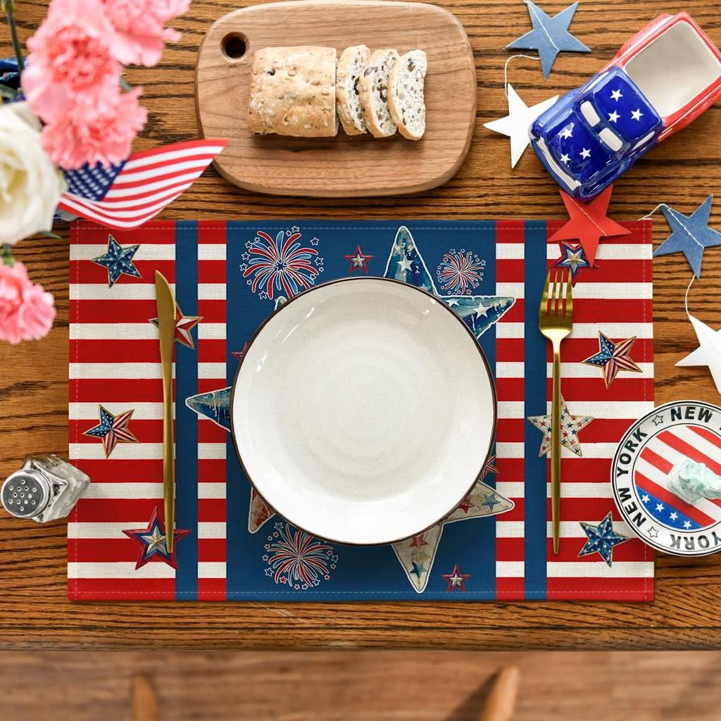 Strisce Stelle Bandiera Americana 4 Luglio Tovagliette Set da 4, 12x18 Pollici Giorno dei Caduti Tovagliette Patriottiche per Festa Cucina Sala da Pranzo Decorazione
