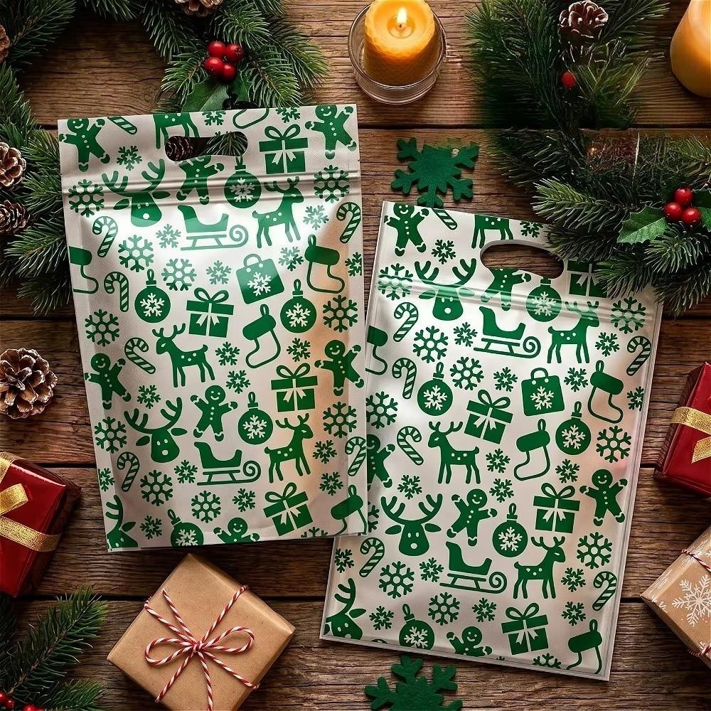 50pcs with Handles Christmas Sealing Bags Plastic Packaging Bags Candy Cookie Bags  Xmas Holiday