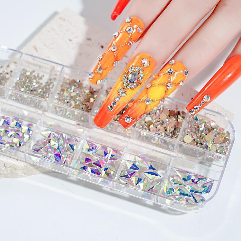 12Gird Box Multi Size Bunte Strasssteine ​​Flatback Crystal Diamond Gems 3D Glitter Nail Art Luxuriöse Dekorationen