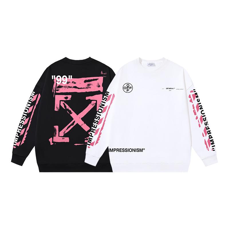 Off-White 2026 Autumn/Winter New 99 Digital Pink Arrow Graffiti Printed Men's and Women's Round Neck Hoodie