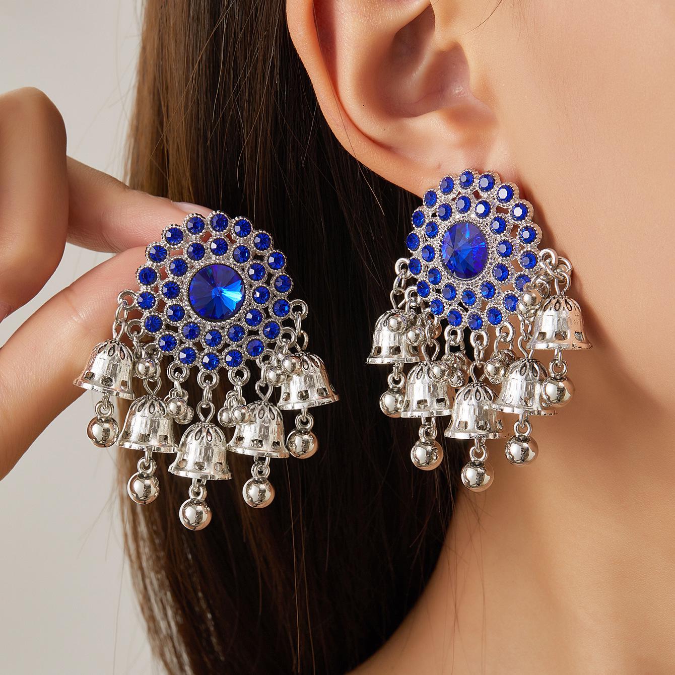 Bohemian Tassel Rhinestone Wind Chime Earrings - Exotic Ethnic Style, Round Geometric Design for Women