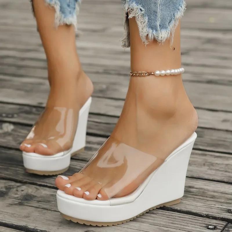 Fashion Ladies Shoes 2024 Hot Sale Open Toe Women's Slippers Summer Transparent Solid Outdoor Casual Platform Wedge Large Size Slippers