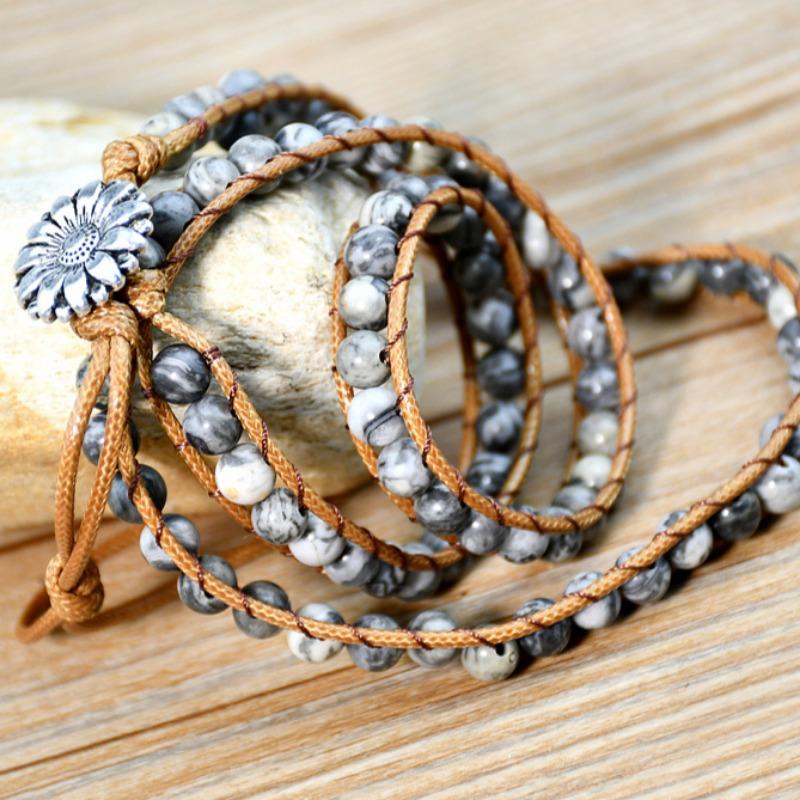 GemChic Women's Ethnic Weave Rope Multilayer Stone Beads Alloy Sunflower Bracelet Classical Retro Birthday Christmas Jewelry Gift