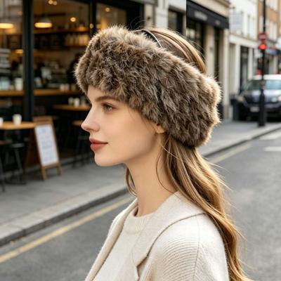 Fuzzy Warm Headband Beanie Cap Women Winter Adjustable Hairband Headwrap Soft Fleece Knit Headwear