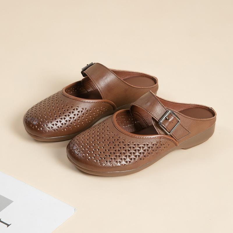 

Натуральная кожа говяжья жила мягкая подошва литературные и ретро сумка-дырка голова полушлепанцы женские летние универсальные полые дышащие тапочки для мамы 41 темно-коричневого