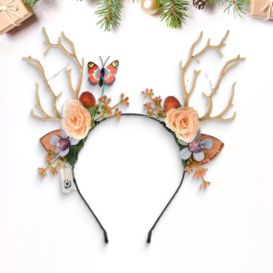 Christmas Hair Hoop Flower Butterflies Decor Antlers Design LED Light Headband Parties Performances Accessory