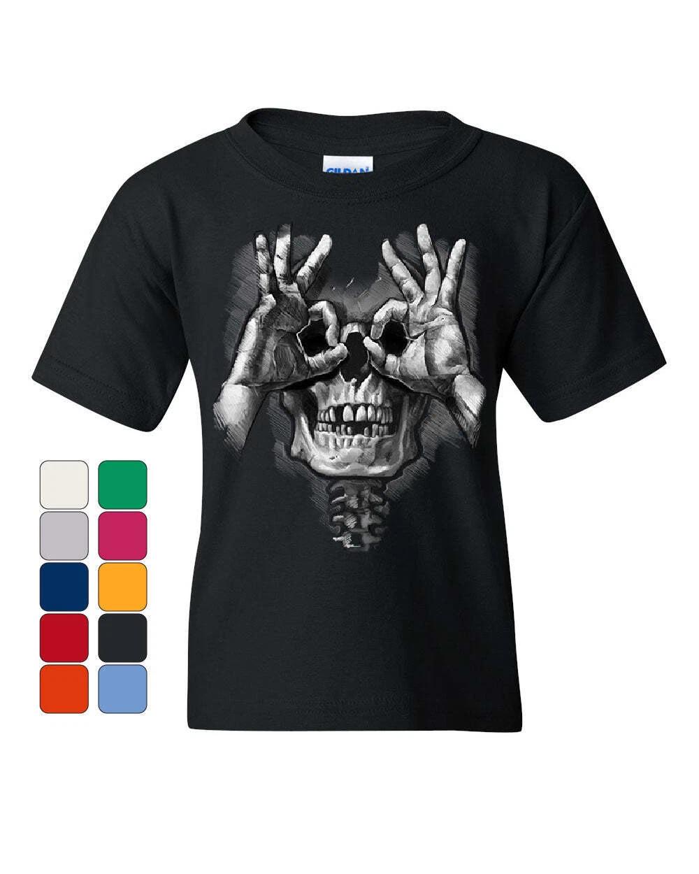 Skull Face Hand Goggles Youth kids boys T-Shirt Funny Dead Eye Staring Skeleton Kids Tee 160