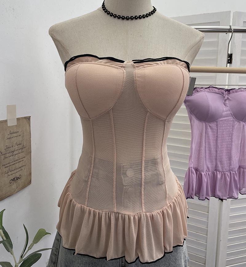 Polka Dot Mesh Bandeau Top with Padded Bustier and Open Back