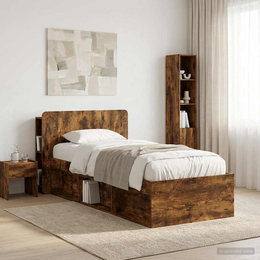 Headboard Cabinet with Storage Smoked Oak Wood Based Material