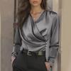 Damen Slim Fit Langarm V-Ausschnitt Unifarben Bluse 2025 Herbst Büro Elegant Arbeitskleidung