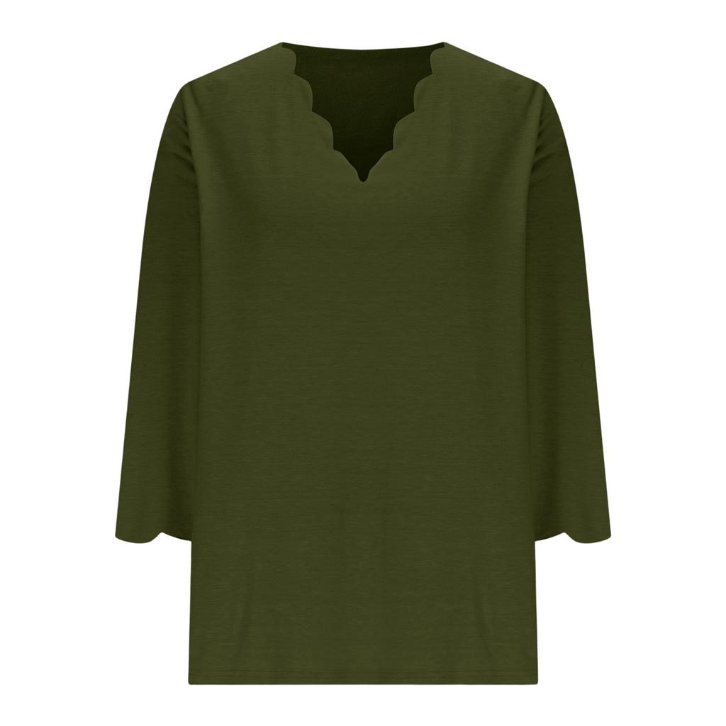 Women’s Casual Loose Fit Top with Scalloped V Neck and Decorative Scalloped Cuffs Three Quarter Sleeve Pullover Shirt