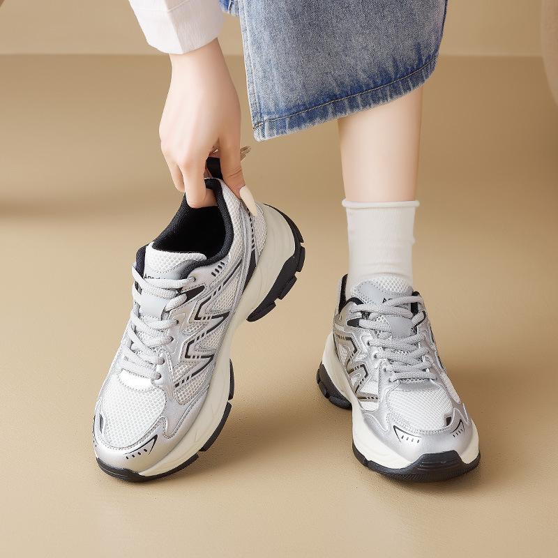 Silver sneakers new autumn retro platform shoes lightweight casual hiking shoes dad shoes