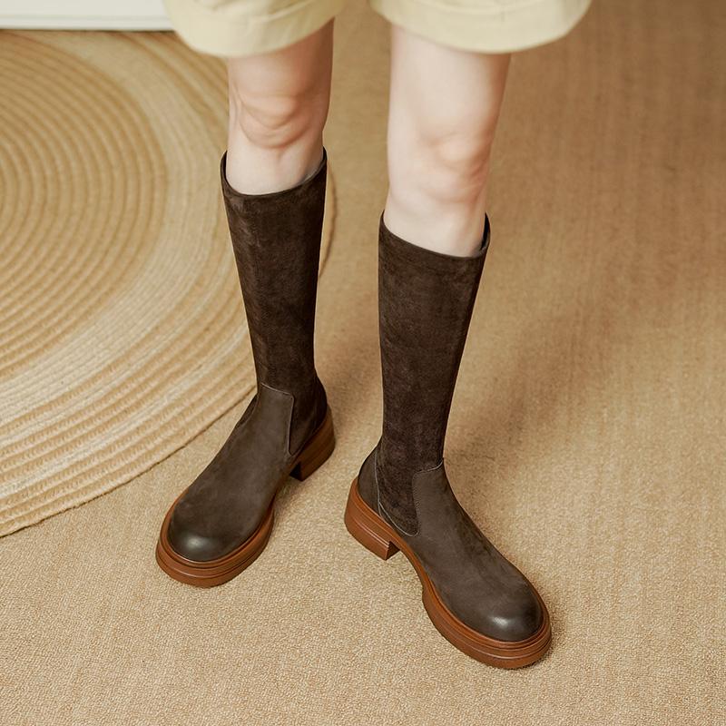 NEW Fall Women Shoes Round Toe Chunky Shoes Women Winter Split Leather Knight Boots Thick Heel Knee High Boots Retro Boots Women