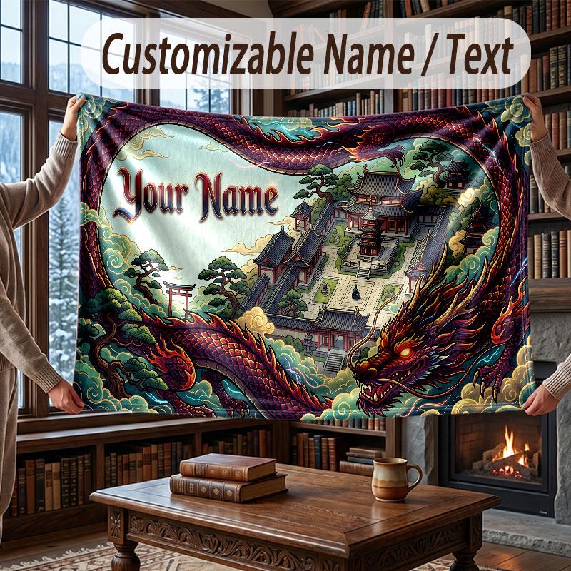 Dragon Theme Throw Blanket Custom Name Text Personalized Blanket Soft Cozy Blanket for Home Sofa Bed