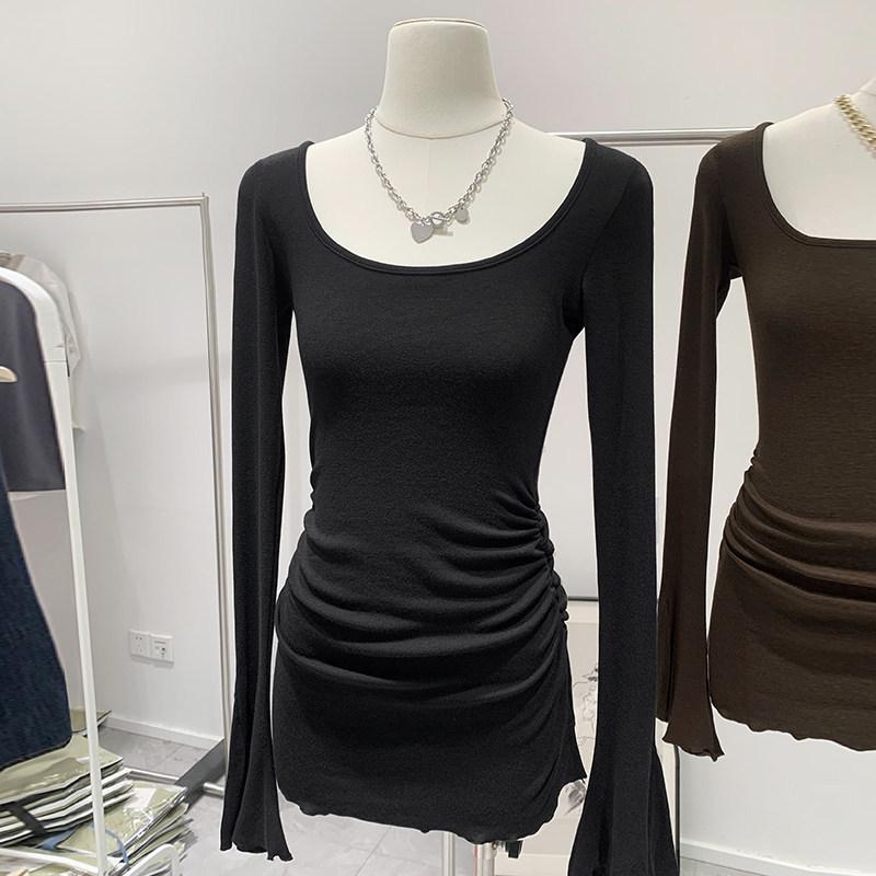 

Spicy Girl Bodycon Long Sleeve Slim Fit Square Neck T-Shirt for Women M чорний