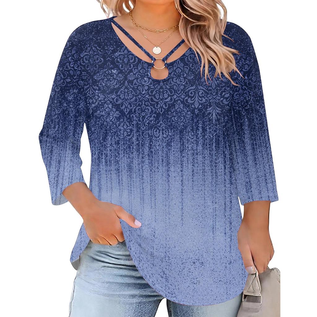 Blusa Floral Feminina Plus Size com Manga Três Quartos, Blusa Casual, Túnica de Corte Amplo para Primavera Verão, Uso Diário, Trabalho e Saídas