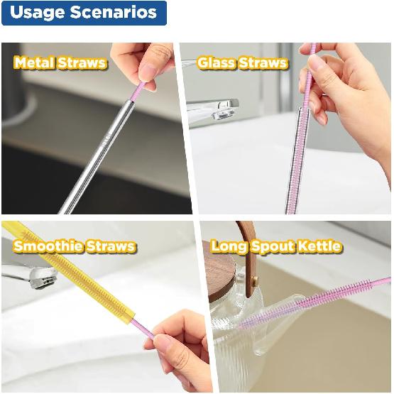 YOTIME Silicone Straw Cleaner Brush, 2Pcs Reble Straw Brush Extra Long for Cleaning Tumbler with Handle and Glass Metal Smoothie Straws, Non-slip