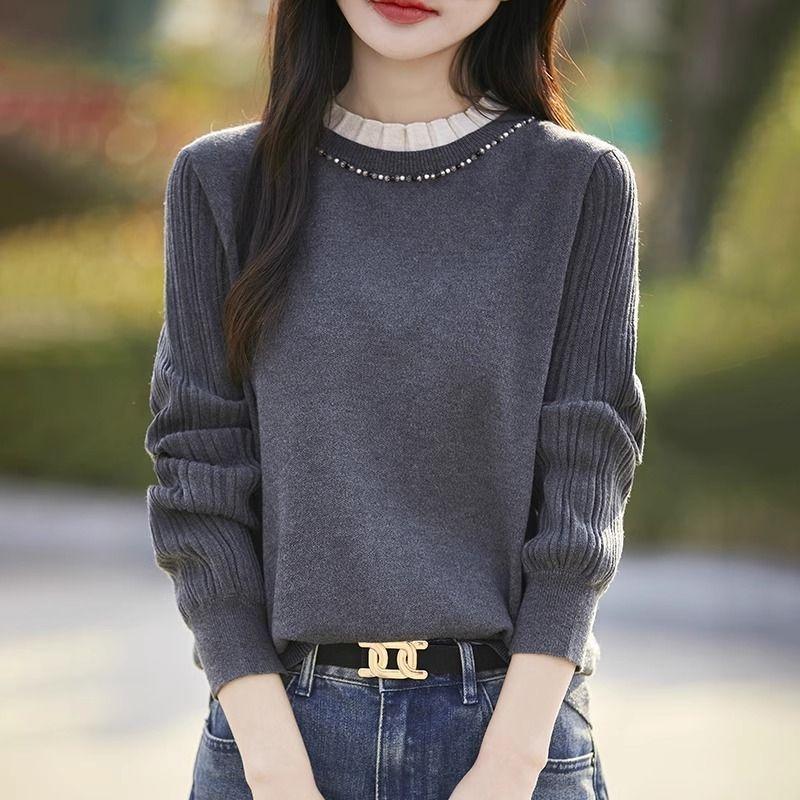 Solid Color Pullover Women's Beaded Loose Fashionable Bottoming Knitted Sweater Autumn and Winter Top