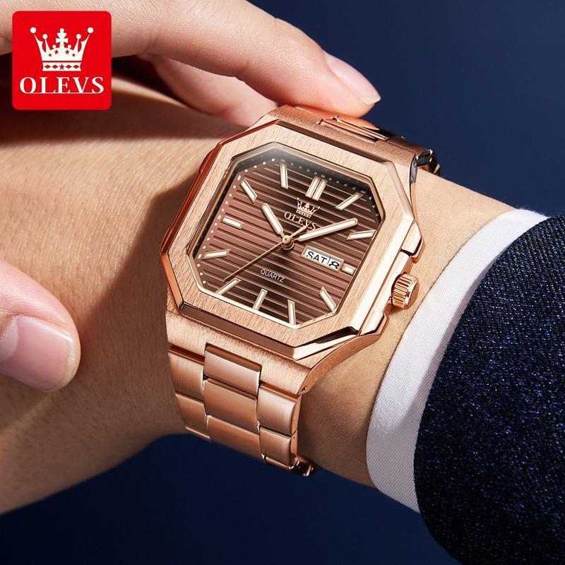 OLEVS Watch Luxury Man Original Square Quartz Watch Stainless Steel Waterproof Luminous Week Date Watches For Man