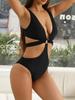 European and American Deep V Solid Color Hollow Out Sexy Women's Bikini Swimsuit