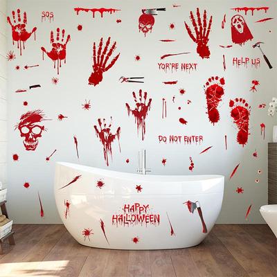 Halloween Bloody Handprint & Footprint Stickers with Axe & Skull Props - Festive Decor