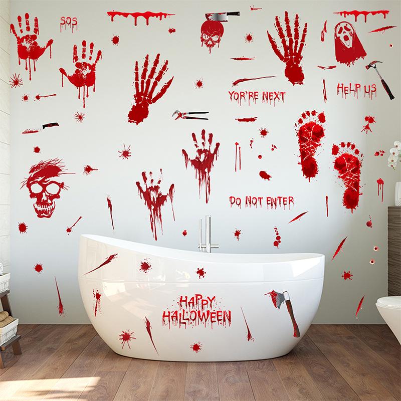 Halloween Bloody Handprint & Footprint Stickers with Axe & Skull Props - Festive Decor