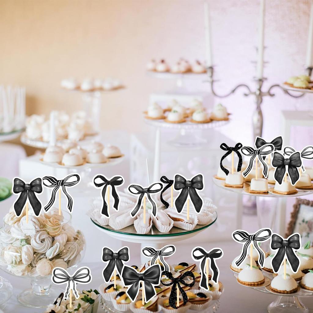Coquete Birthday Party Decorations - 36PCS Black Bow Cupcake Toppers Decoration Bow Party Baby Shower Decor Supplies Bow Theme Bridal Shower