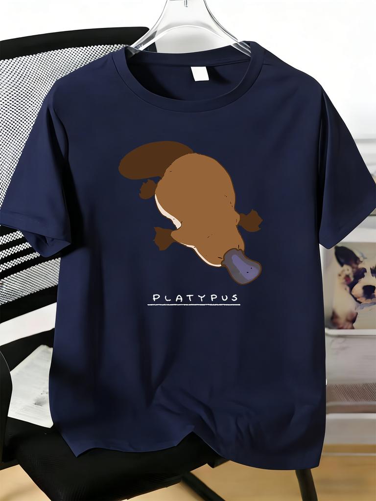 Unisexs Tee Cute Cartoon Platypus With Letter Text Print Cotton Short Sleeve Male Casual Streetwear Outdoor Daily Basic Fashion Top