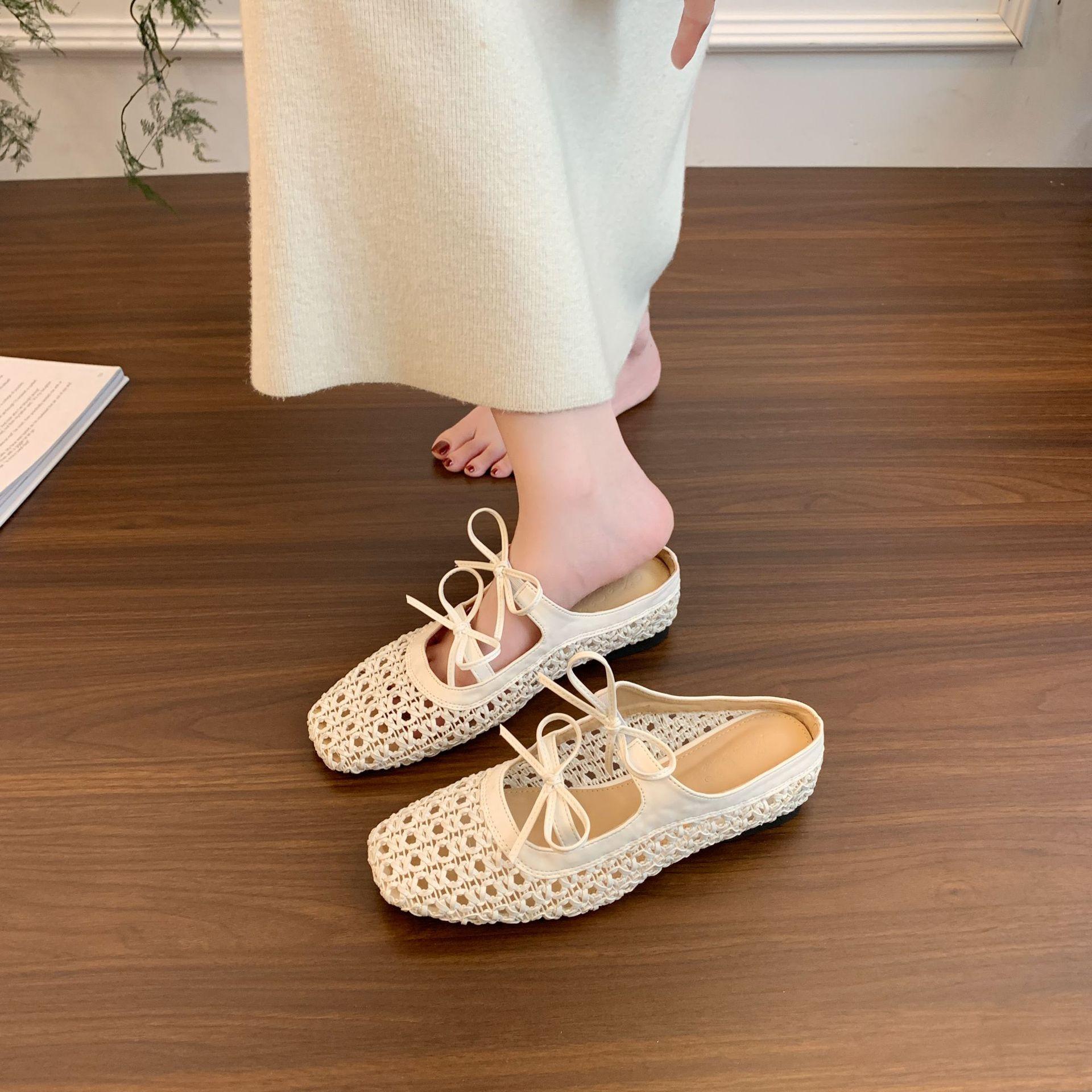 

Soft leather version~ retro heightening woven hollow bag head slippers, wearing a pedal holiday bow cool slippers 35 белый