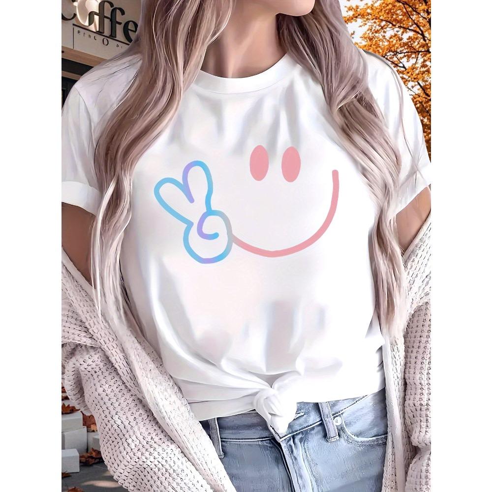 O Neck T Cute and Happy Face Creative Pattern Printed Summer Women Top Short Sleeve Round Neck Tee Women Clothing