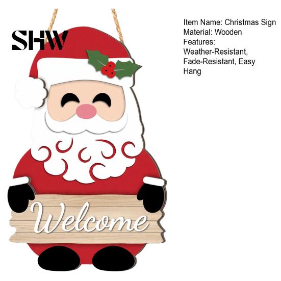 Rustic Christmas Home Accents 2D Wooden Welcome Hanging Sign, Cartoon Santa Snowman Tree Winter Seasonal Ornament Door Hanger with Rope, Xmas