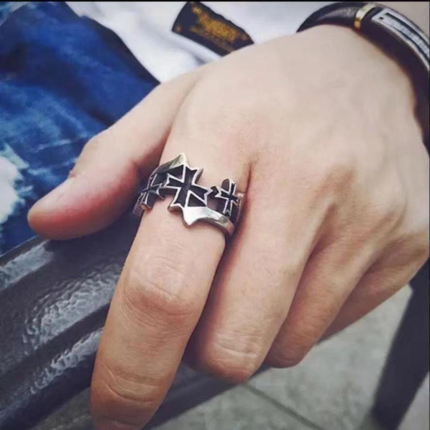Retro Triple Cross Ring For Men Punk Gothic Rock Hiphop Adjustable Ring Handmade Unisex Zircon Bikers Accessories Lovers Gift